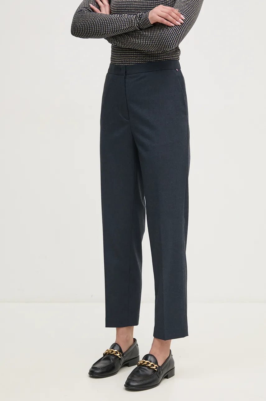 Levně Kalhoty Tommy Hilfiger dámské, tmavomodrá barva, jednoduché, high waist, WW0WW42951