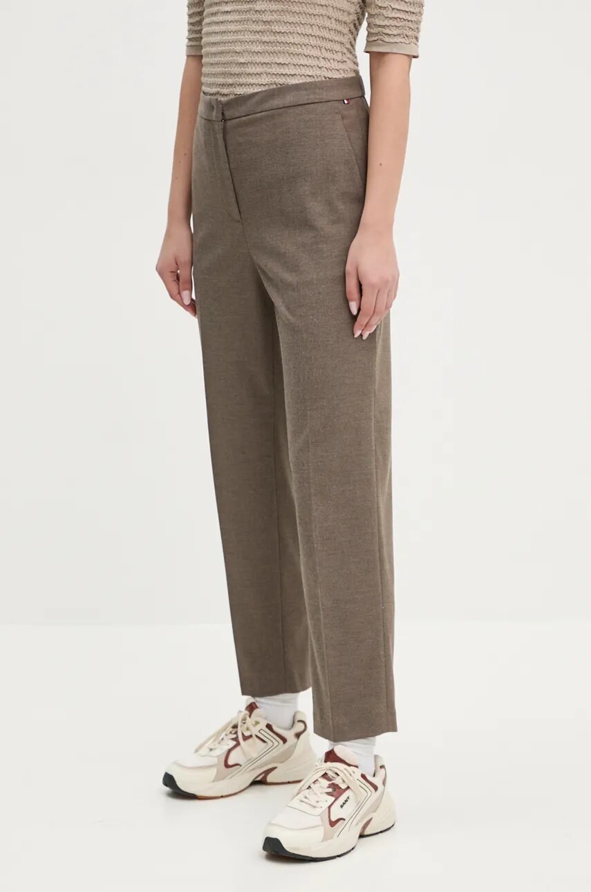 Levně Kalhoty Tommy Hilfiger dámské, hnědá barva, jednoduché, high waist, WW0WW42951