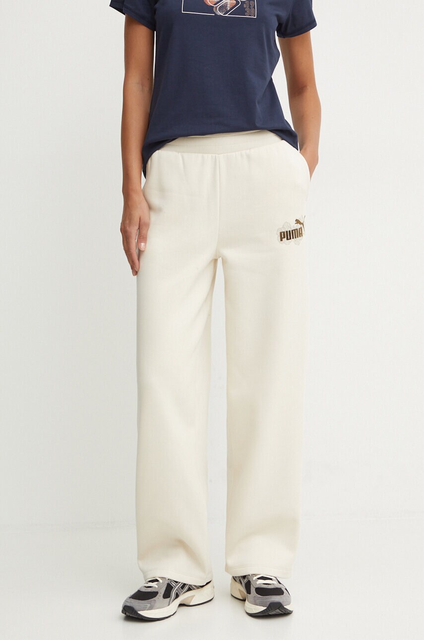 Puma pantaloni de trening culoarea bej, cu imprimeu, 681694