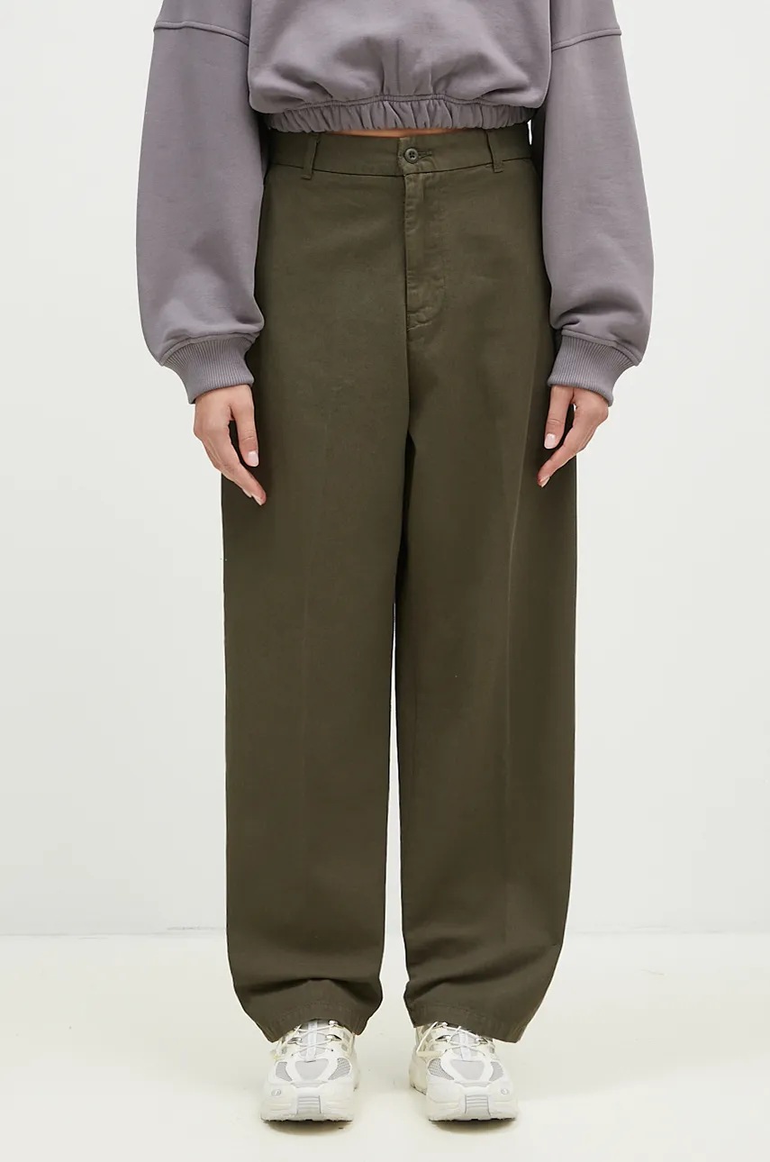 Bavlněné kalhoty Carhartt WIP Brady Pant zelená barva, široké, high waist, I033770.666GT
