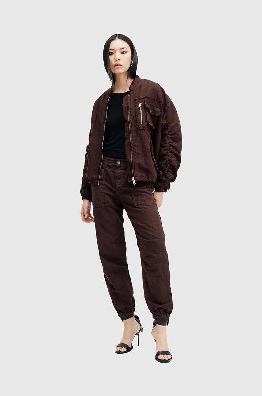 AllSaints pantaloni din in VAL culoarea bordo, fason cargo, high waist, W016TB AllSaints pantaloni din in VAL culoarea bordo, fason cargo, high waist, W016TB