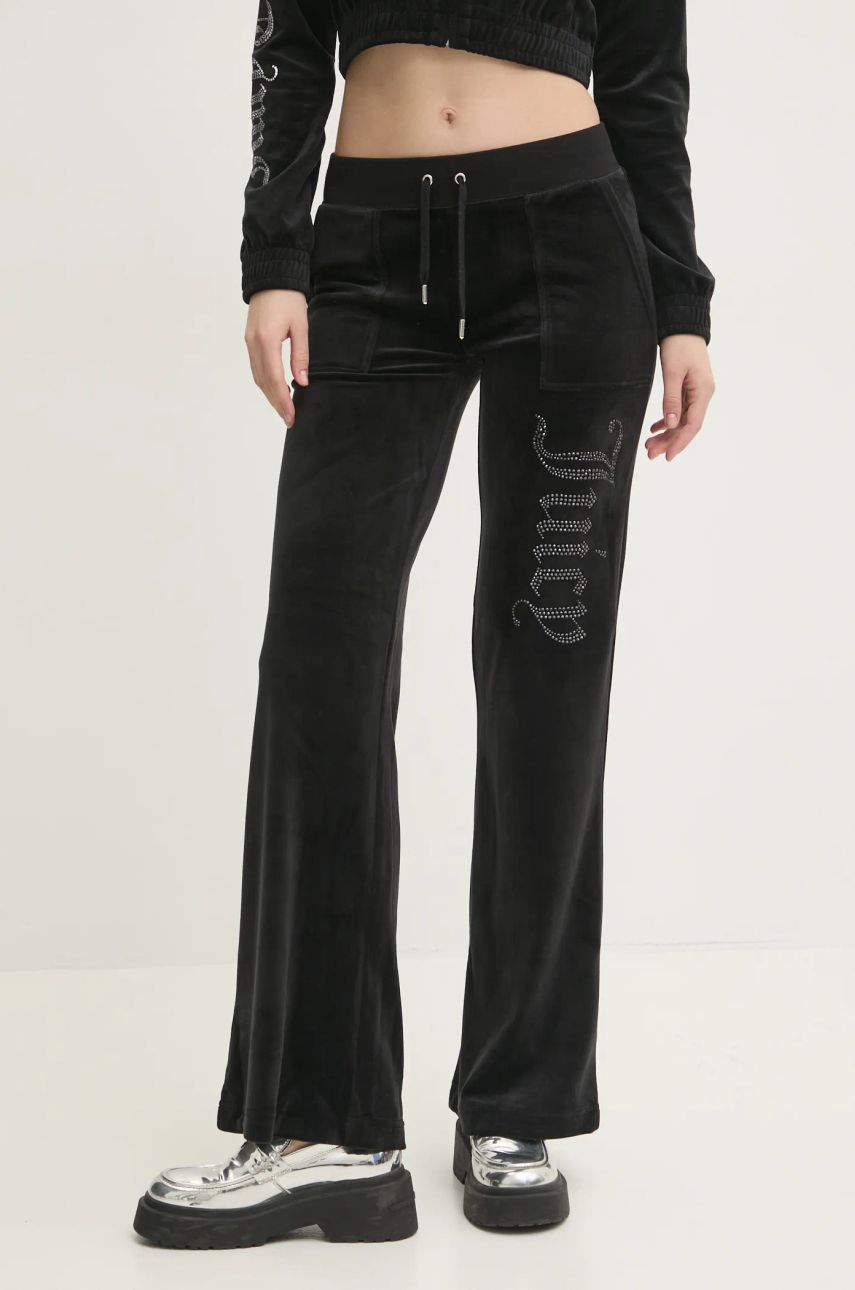 Juicy Couture pantaloni de trening din velur LAYLA JEWELLED LOW RISE PANT culoarea negru, cu imprimeu, JCBBJ224815