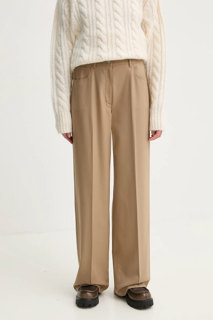 Theory pantaloni din lana culoarea bej, lat, high waist, O0801210