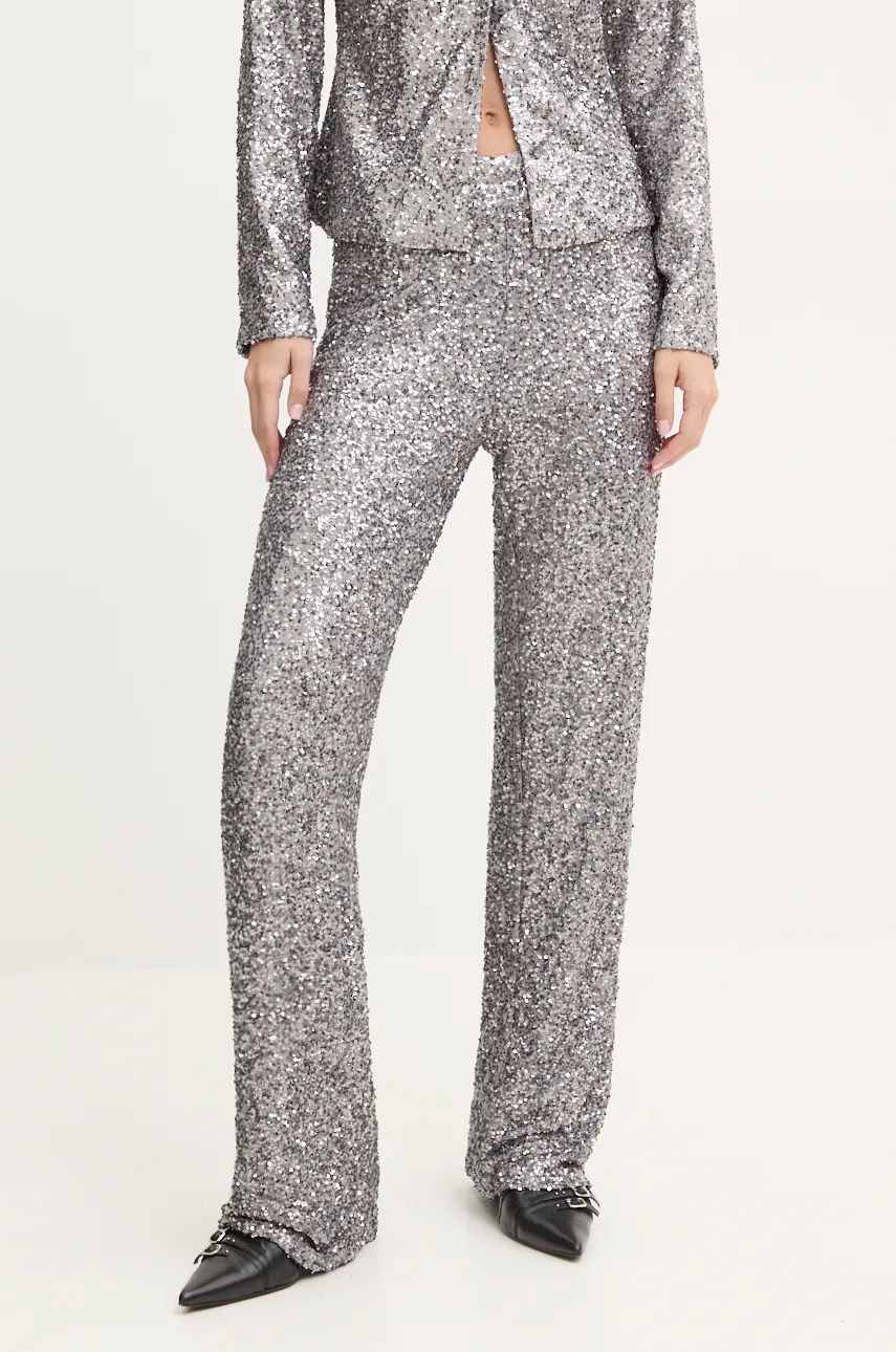 Never Fully Dressed pantaloni Gunmeal Sequin Freddie Trousers femei, culoarea argintiu, drept, high waist, NFDTR356