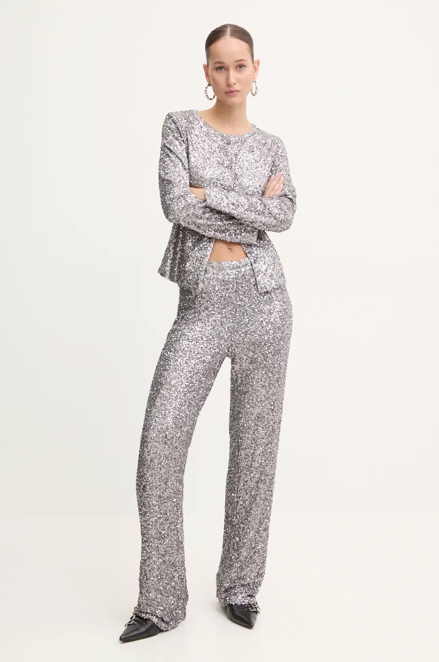Брюки Never Fully Dressed Gunmeal Sequin Freddie Trousers женские цвет серебрянный прямые высокая посадка NFDTR356 Брюки Never Fully Dressed Gunmeal Sequin Freddie Trousers женские цвет серебрянный прямые высокая посадка NFDTR356