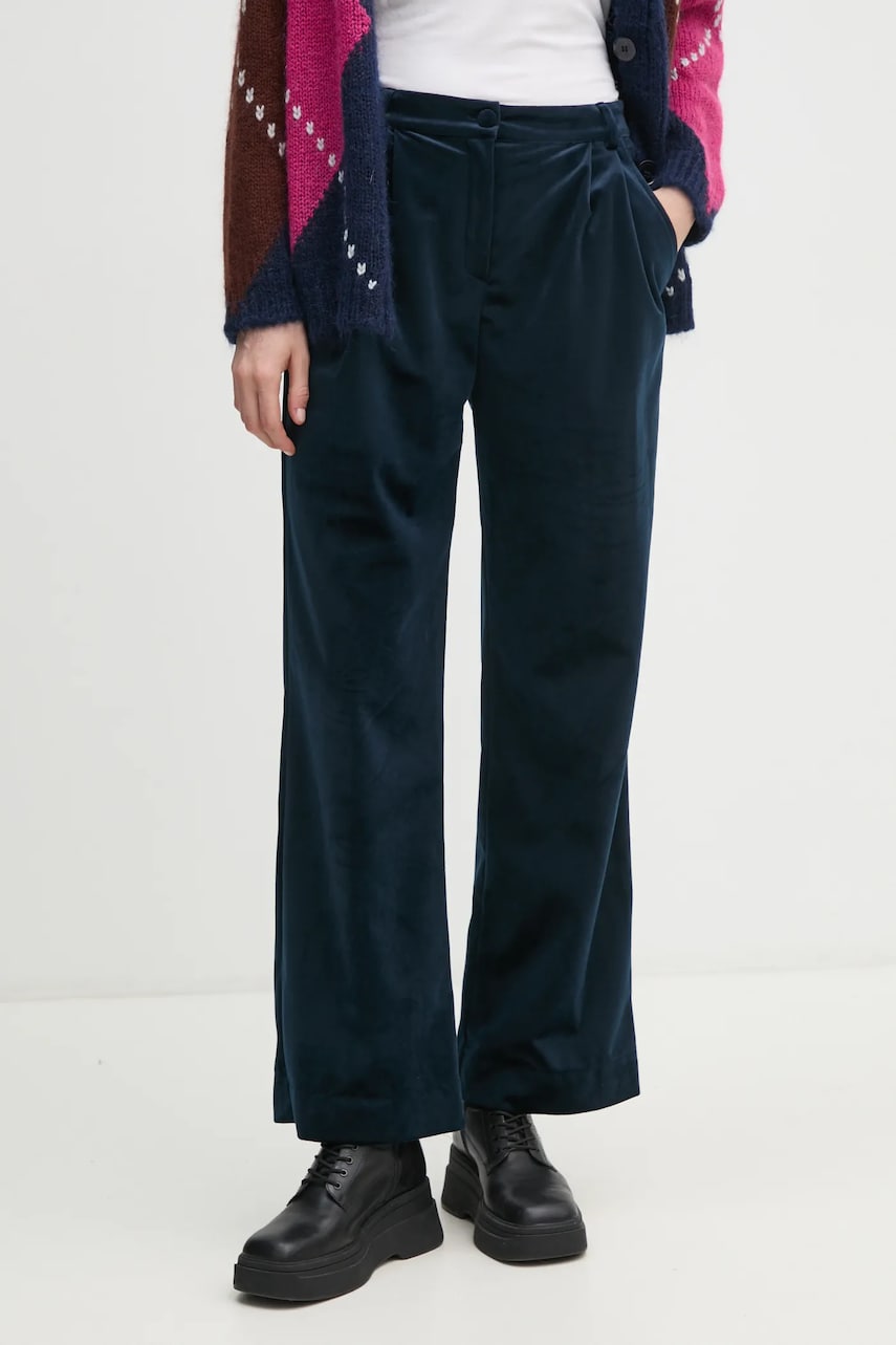 La Petite Française pantaloni de catifea culoarea albastru marin, lat, high waist, PFPRALINE La Petite Française pantaloni de catifea culoarea albastru marin, lat, high waist, PFPRALINE