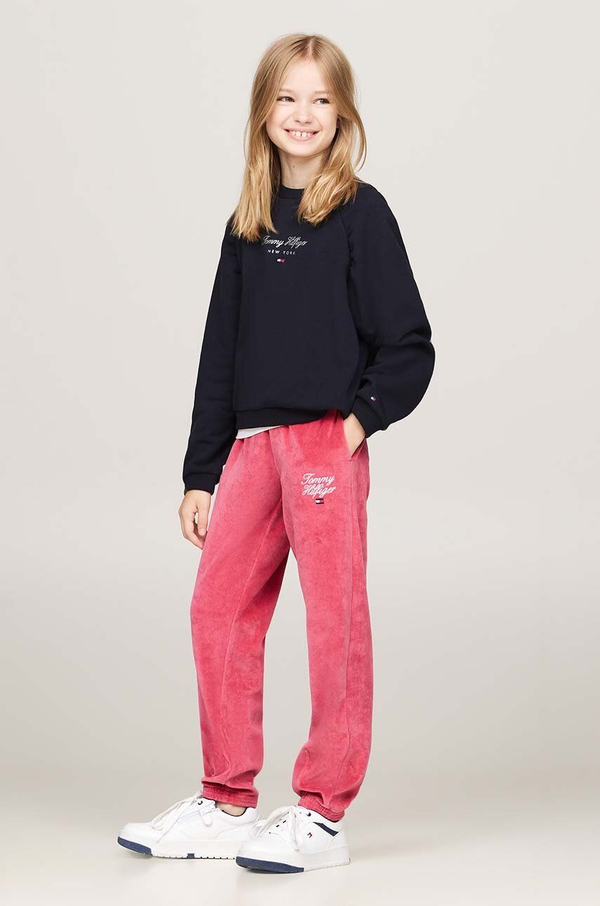 Levně Dětské tepláky Tommy Hilfiger TH SCRIPT VELOUR PANT béžová barva, s aplikací, KG0KG08221