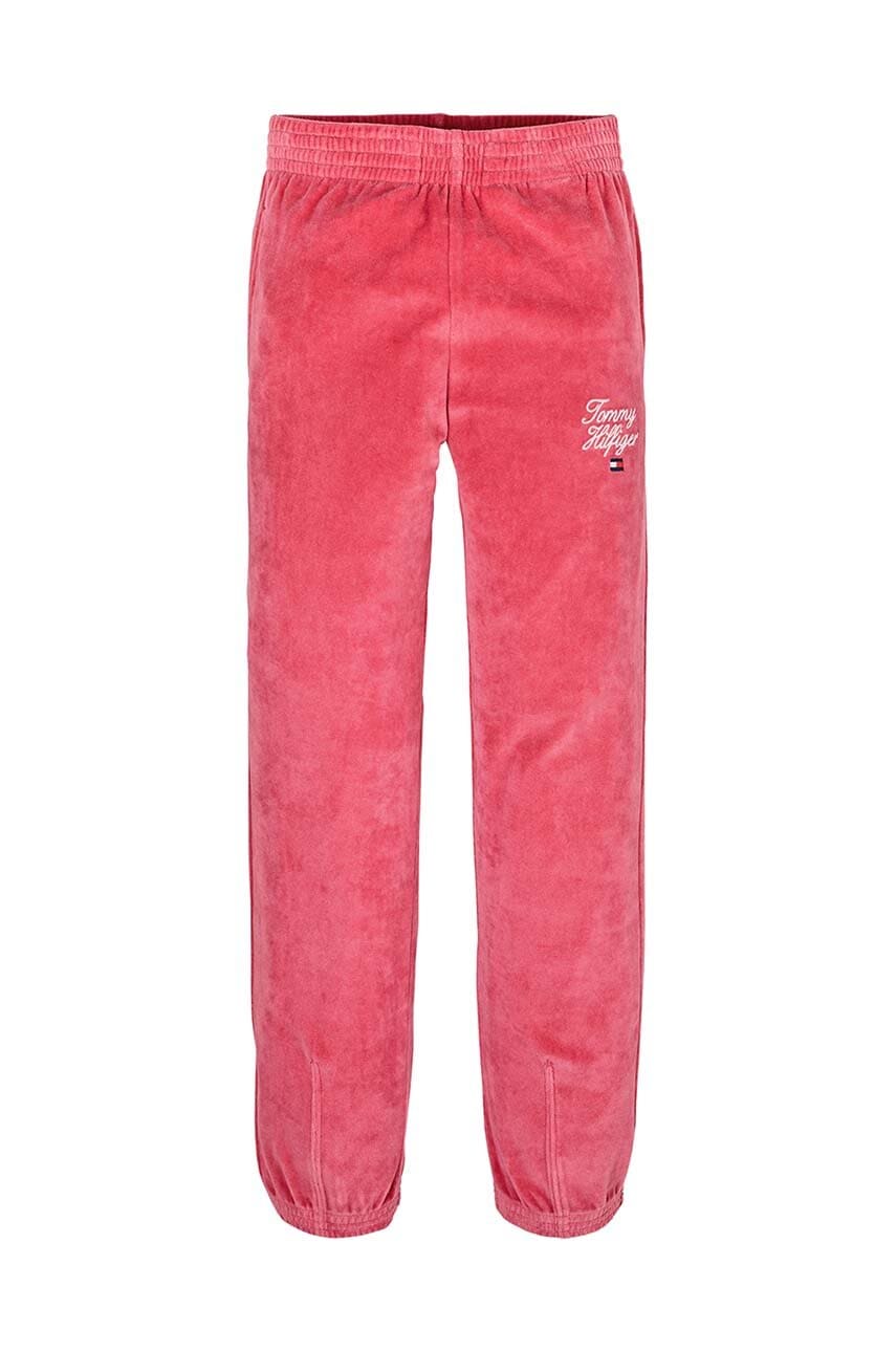 Детские спортивные штаны Tommy Hilfiger TH SCRIPT VELOUR PANT цвет бежевый с аппликацией KG0KG08221 Детские спортивные штаны Tommy Hilfiger TH SCRIPT VELOUR PANT цвет бежевый с аппликацией KG0KG08221