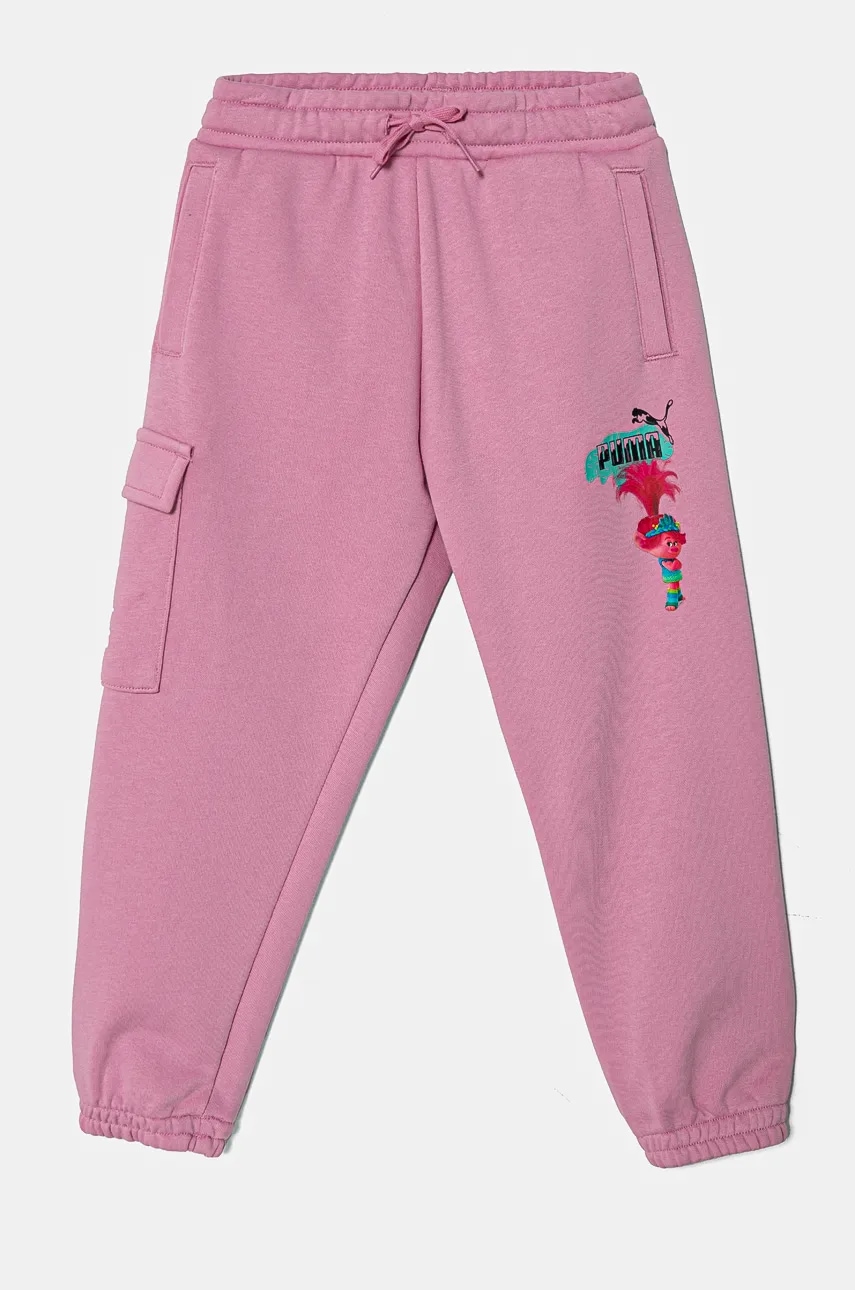 Puma pantaloni de trening pentru copii X TROLLS Cargo Pants TR culoarea roz, cu imprimeu, 627379 Puma pantaloni de trening pentru copii X TROLLS Cargo Pants TR culoarea roz, cu imprimeu, 627379