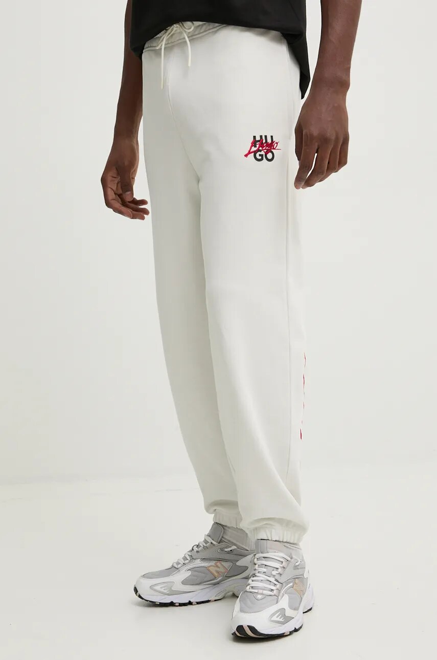 HUGO pantaloni de trening din bumbac culoarea bej, neted, 50521082