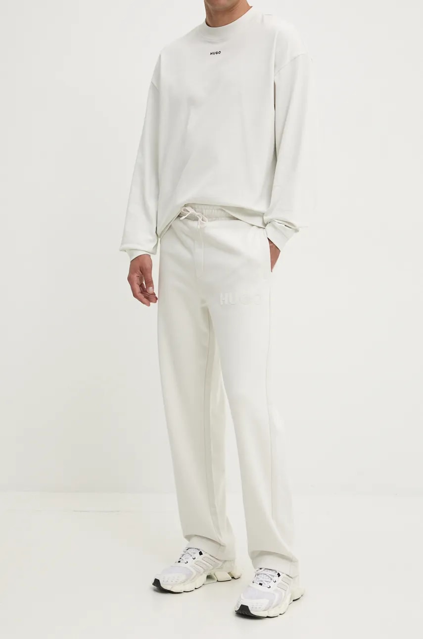 HUGO pantaloni de trening din bumbac culoarea bej, cu imprimeu, 50529110