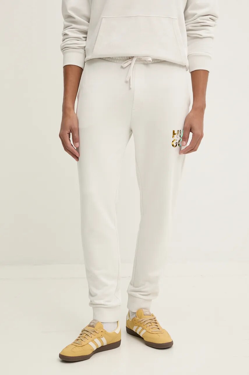 HUGO pantaloni de trening din bumbac culoarea bej, cu imprimeu, 50522127