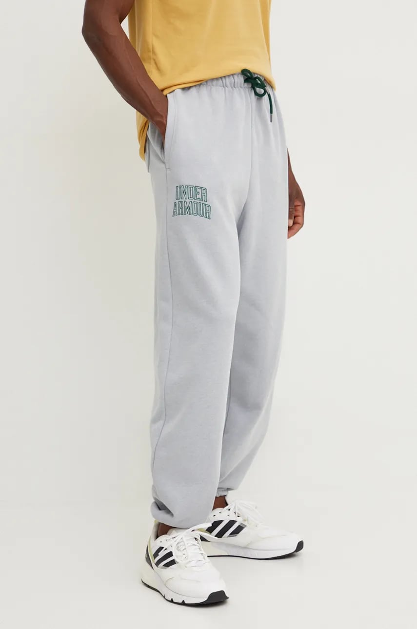 Under Armour pantaloni de trening Icon HWT Terry culoarea gri, uni, 1386551 Under Armour pantaloni de trening Icon HWT Terry culoarea gri, uni, 1386551