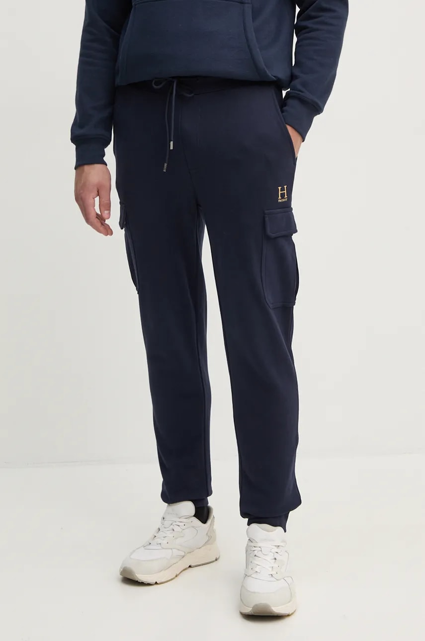 Hackett London pantaloni de trening din bumbac culoarea albastru marin, neted, HM581282 Hackett London pantaloni de trening din bumbac culoarea albastru marin, neted, HM581282