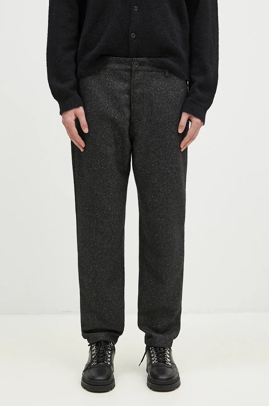 Universal Works pantaloni din lână culoarea negru, drept, 31153