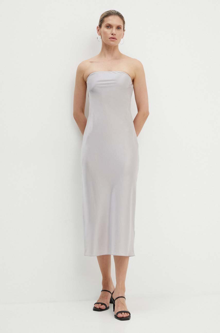 Samsoe Samsoe rochie din amestec de matase SAELINA culoarea gri, midi, mulată, F24200158