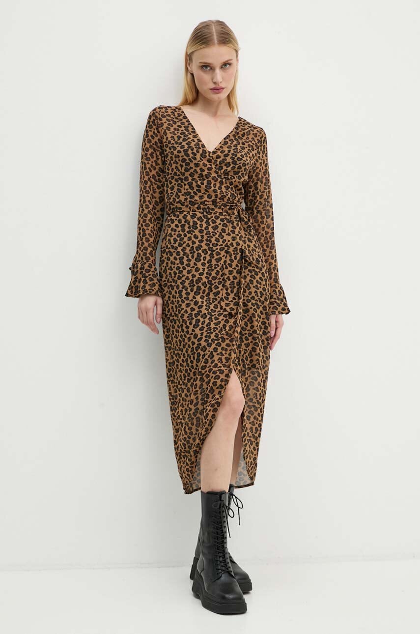 Never Fully Dressed rochie Leopard Sheer Wrap Dress culoarea maro, midi, evazată, NL28459