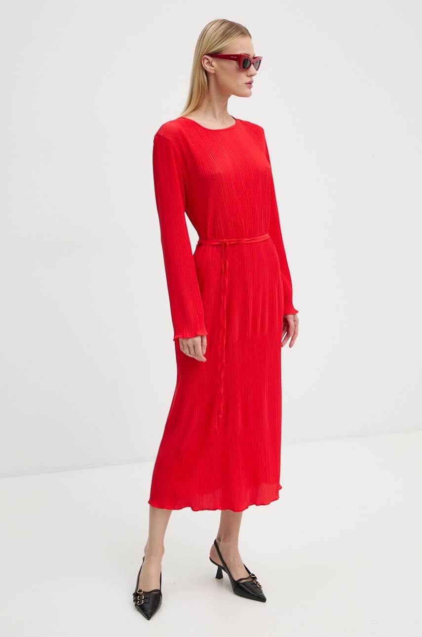 Never Fully Dressed rochie Red Gaia Plisse culoarea rosu, midi, evazată, NFDDR1549