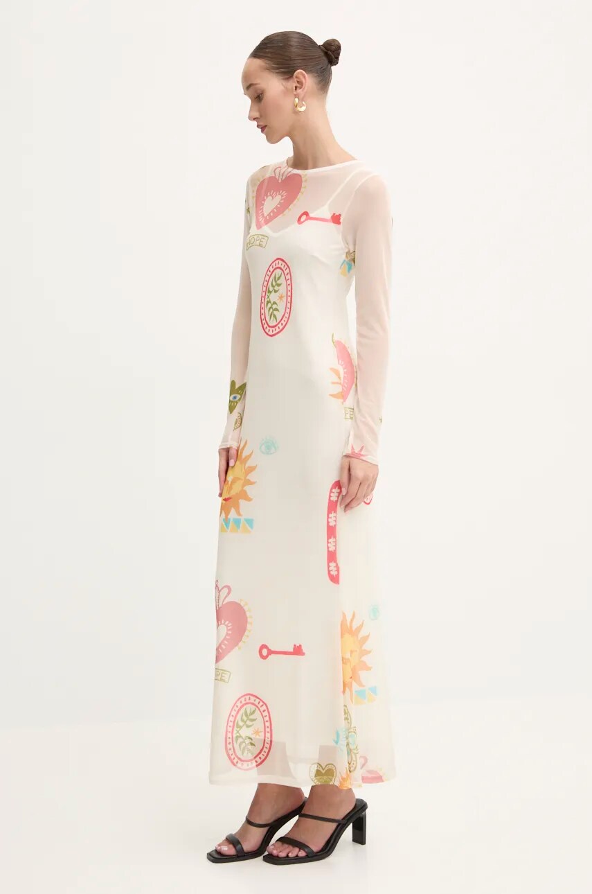 Never Fully Dressed rochie Sundazed Summer Mesh Dress culoarea bej, maxi, evazată, NFDDR1690