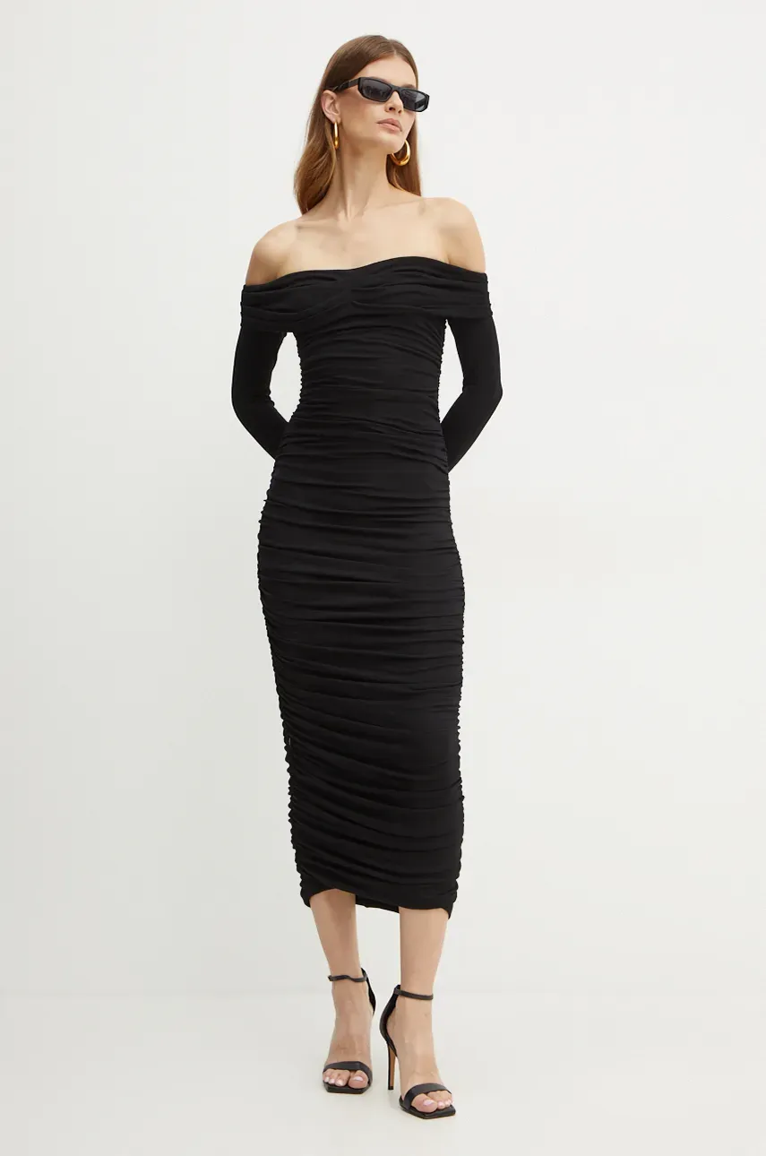 Bardot rochie ARKIE culoarea negru, midi, mulată, 59445DB