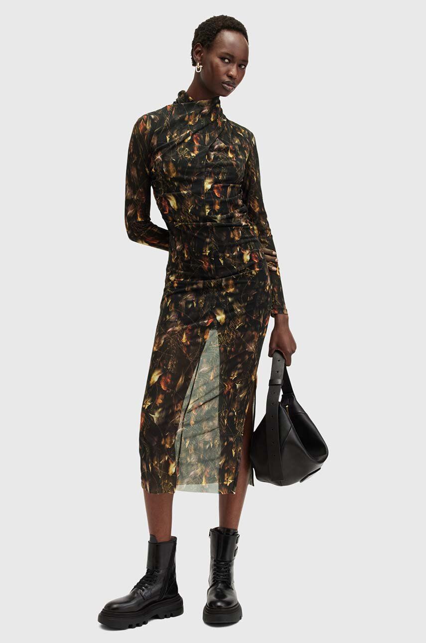 AllSaints rochie TIA culoarea negru, midi, mulată, W231DB