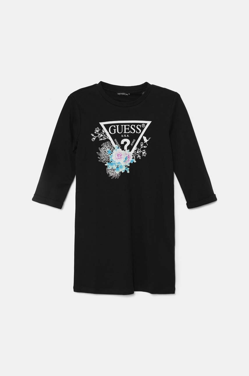 

Детска памучна рокля Guess в черно къса със стандартна кройка J3YK13 KA6W4, Черен
