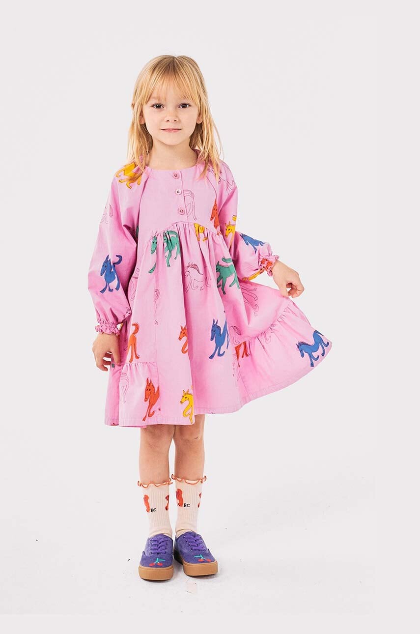 Bobo Choses rochie din bumbac pentru copii Wonder Horse culoarea roz, mini, evazati, 224AC110 Bobo Choses rochie din bumbac pentru copii Wonder Horse culoarea roz, mini, evazati, 224AC110