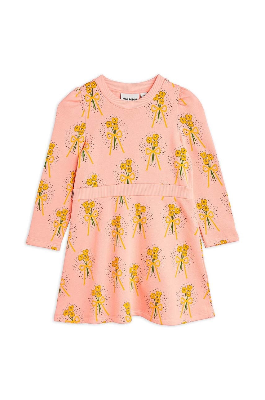 Хлопковое детское платье Mini Rodini Winter flowers цвет розовый mini расклешённое 2475012028 Хлопковое детское платье Mini Rodini Winter flowers цвет розовый mini расклешённое 2475012028