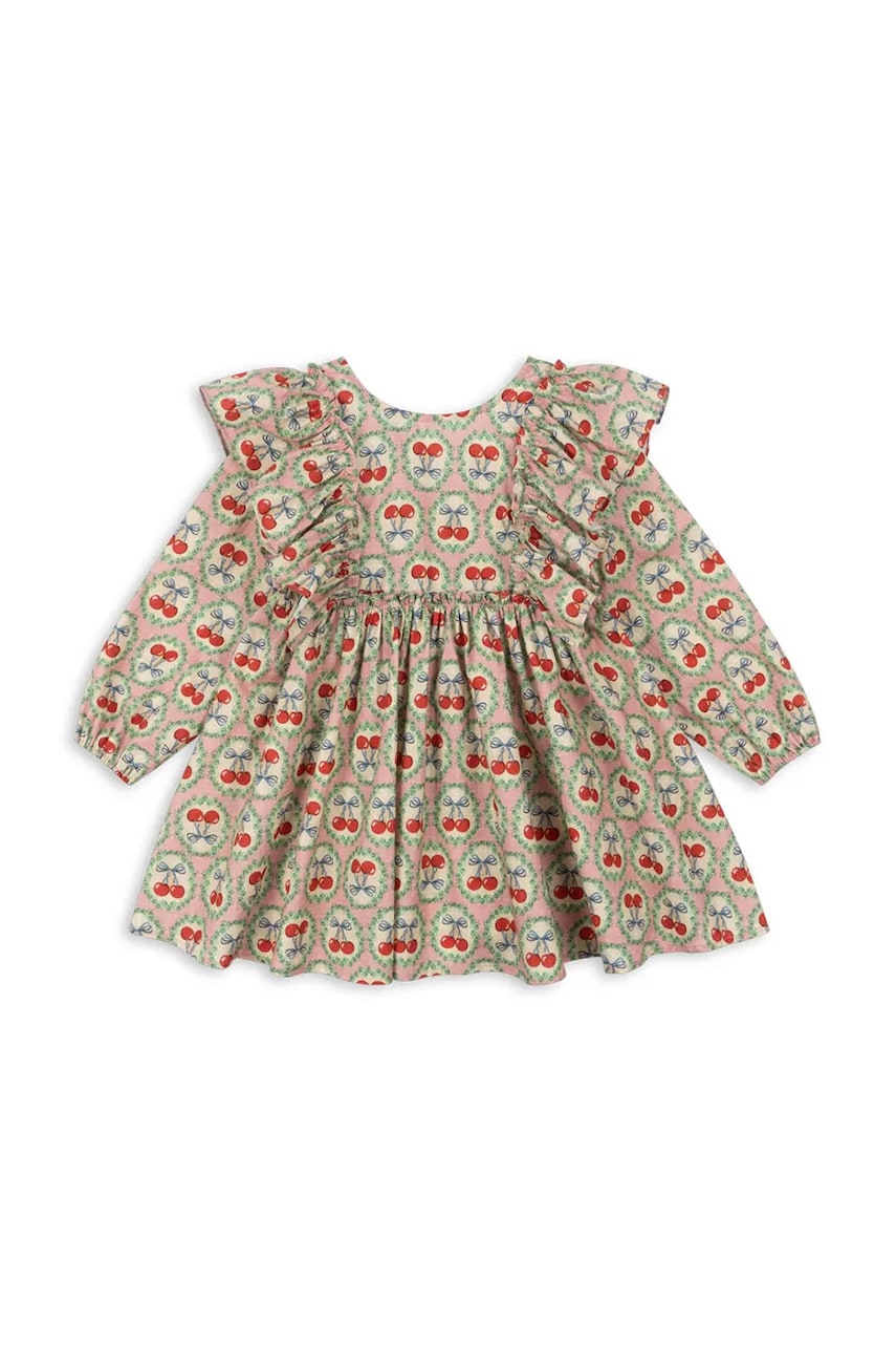 Konges Sløjd rochie din bumbac pentru copii EVIA LS BOW DRESS GOTS culoarea bej, mini, evazati, KS101964 Konges Sløjd rochie din bumbac pentru copii EVIA LS BOW DRESS GOTS culoarea bej, mini, evazati, KS101964