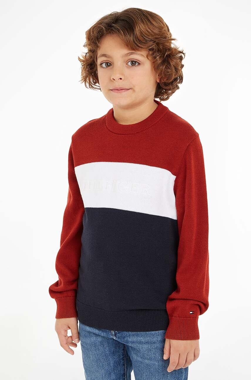Levně Dětský bavlněný svetr Tommy Hilfiger červená barva, KB0KB09150