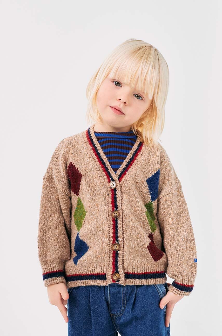Bobo Choses cardigan cu amestec de lână pentru copii Diamonds culoarea bej, 224AC120 Bobo Choses cardigan cu amestec de lână pentru copii Diamonds culoarea bej, 224AC120