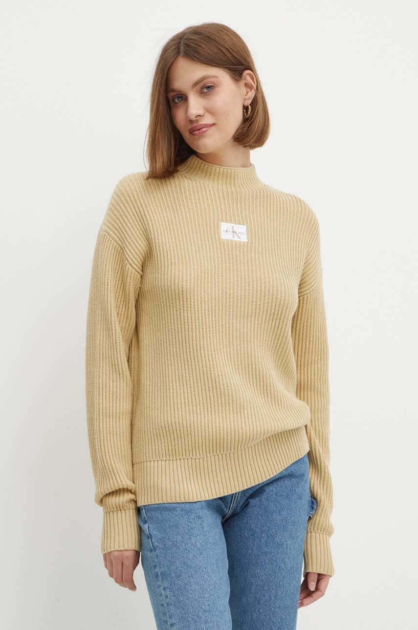 Levně Bavlněný svetr Calvin Klein Jeans béžová barva, s pologolfem, J20J223609