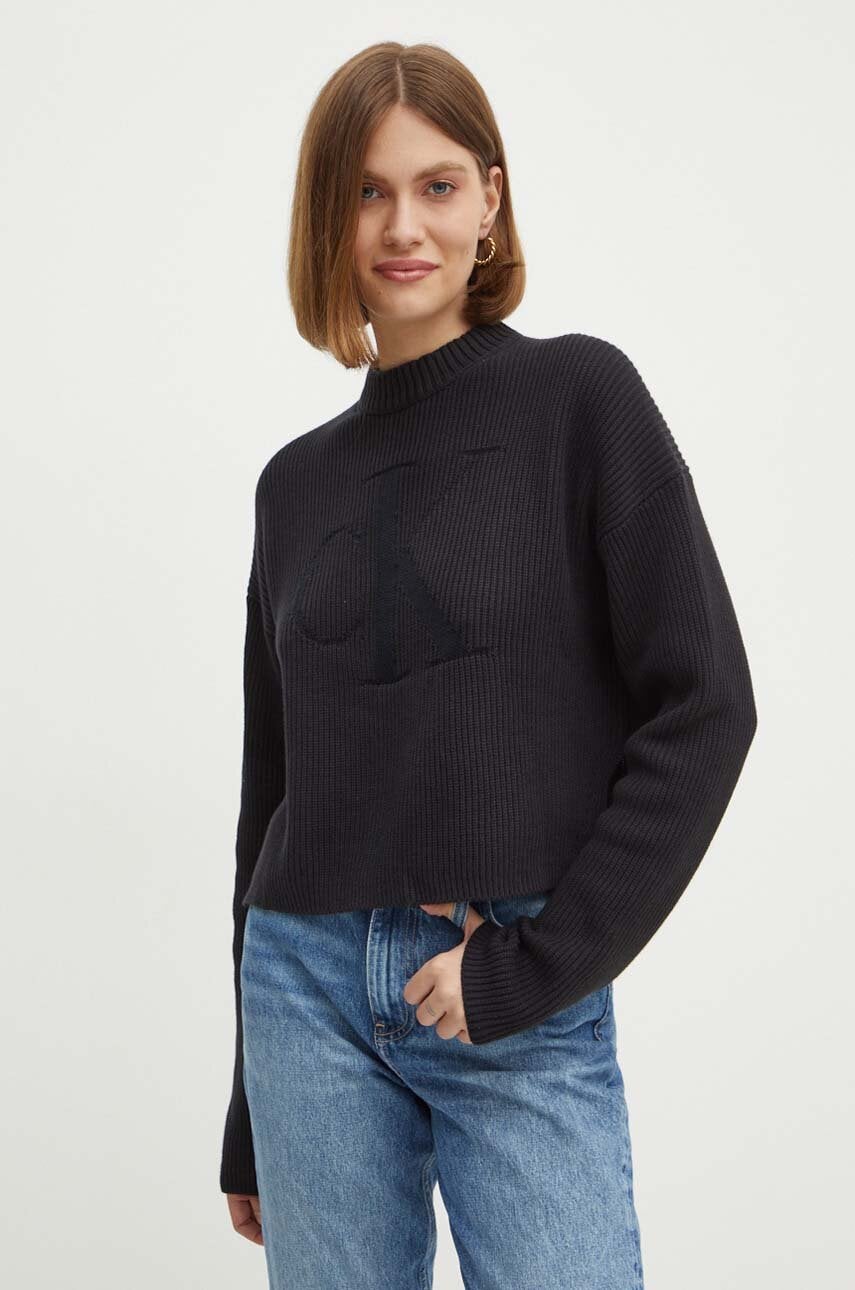 Levně Svetr Calvin Klein Jeans dámský, černá barva, s pologolfem, J20J223615