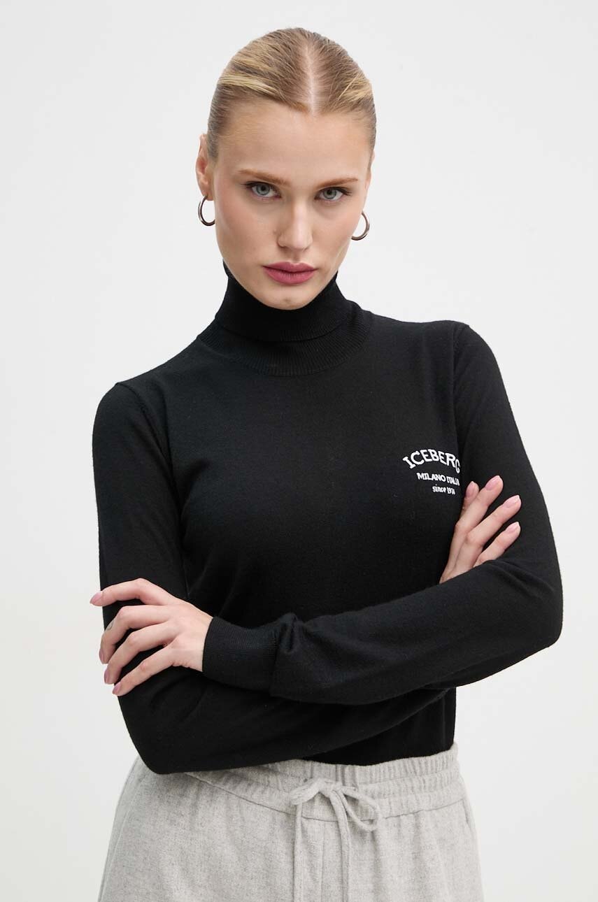 Iceberg pulover de lana femei, culoarea negru, light, cu guler, A008 9000 Iceberg pulover de lana femei, culoarea negru, light, cu guler, A008 9000