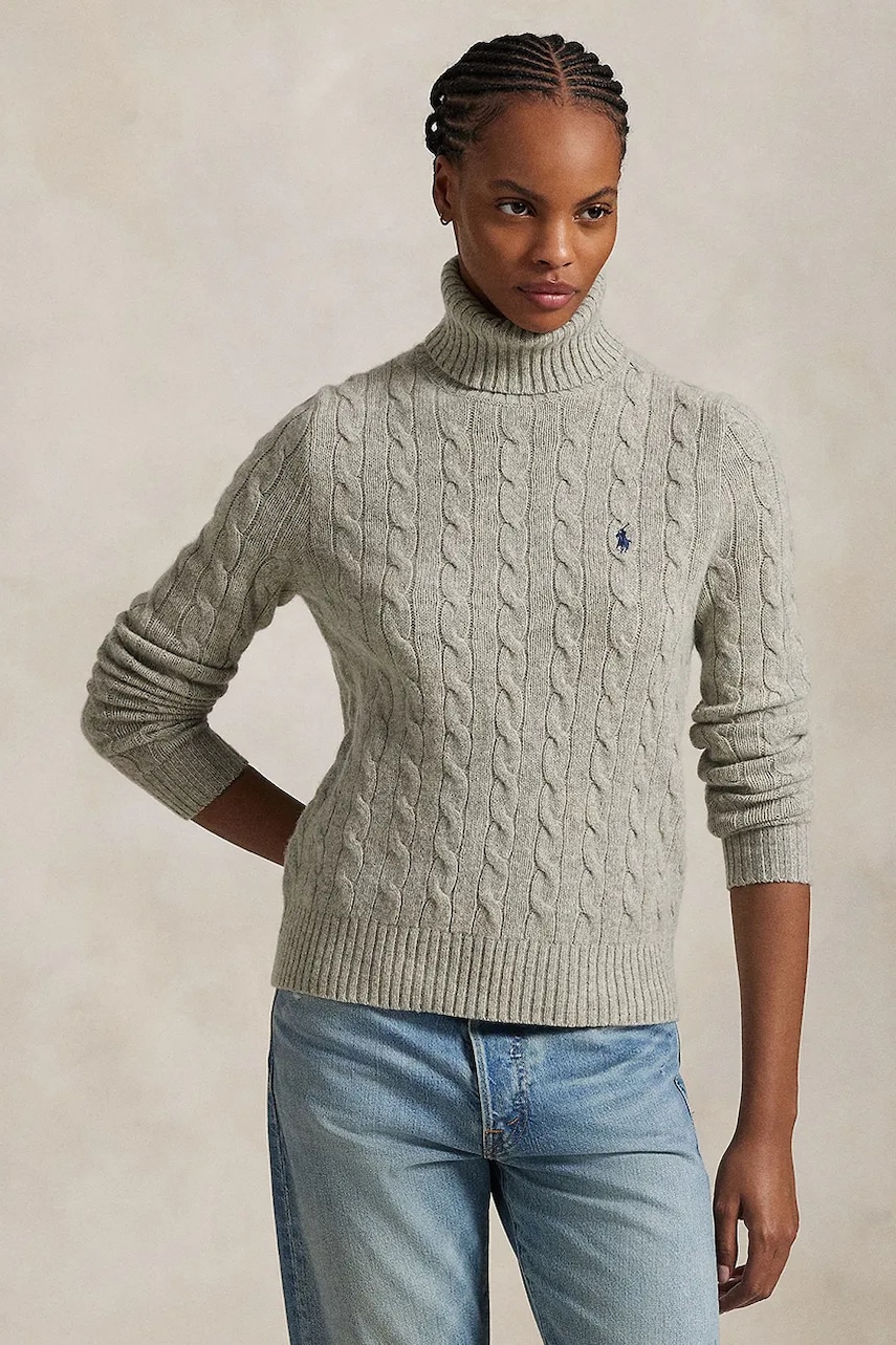Levně Vlněný svetr Polo Ralph Lauren dámský, šedá barva, lehký, s golfem, 211888686