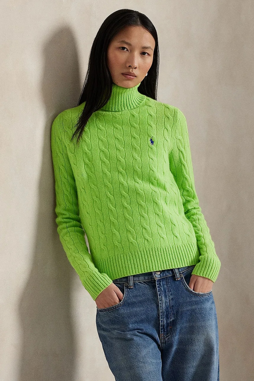 Polo Ralph Lauren sweter wełniany damski kolor zielony lekki z golfem 211888686