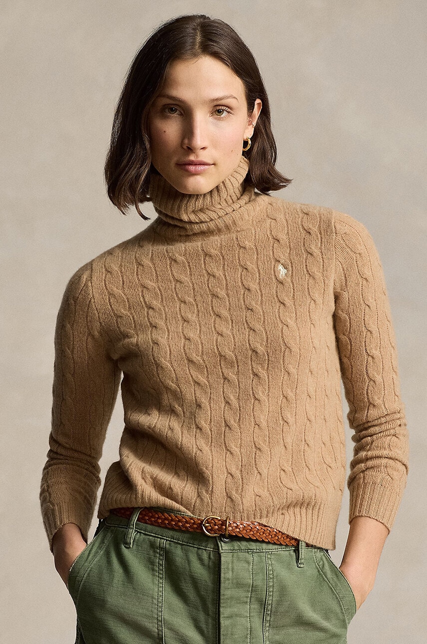 Levně Vlněný svetr Polo Ralph Lauren dámský, béžová barva, lehký, s golfem, 211888686