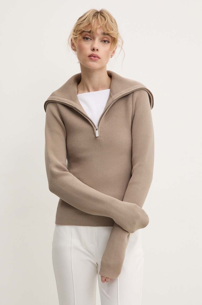 Remain pulover Zipped Collar Knit femei, culoarea bej, cu guler, 5017693001 Remain pulover Zipped Collar Knit femei, culoarea bej, cu guler, 5017693001