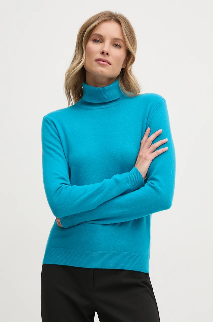 United Colors of Benetton pulover de lana femei, culoarea turcoaz, light, cu guler, 1002D2348