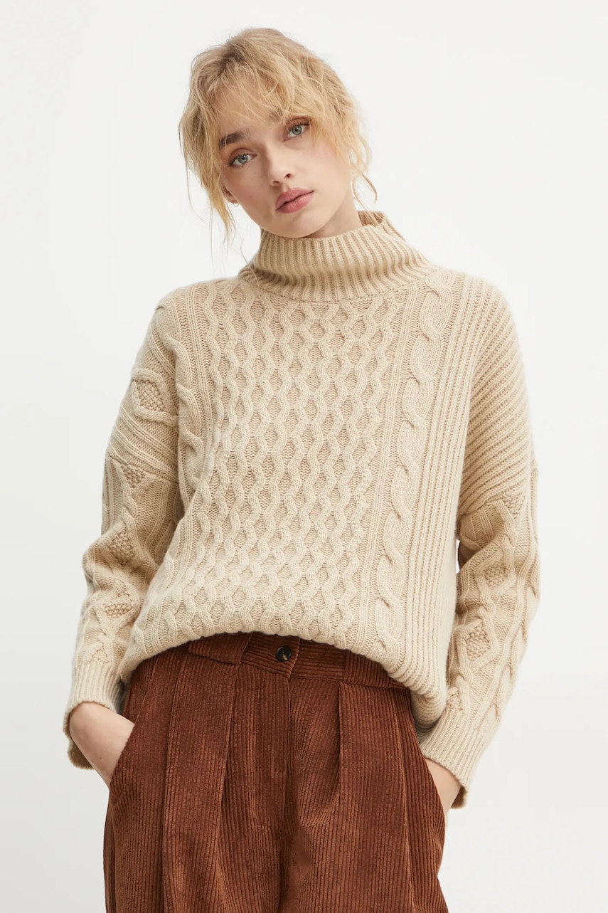 Weekend Max Mara pulover de lana femei, culoarea bej, cu guler, 2425366192600 Weekend Max Mara pulover de lana femei, culoarea bej, cu guler, 2425366192600