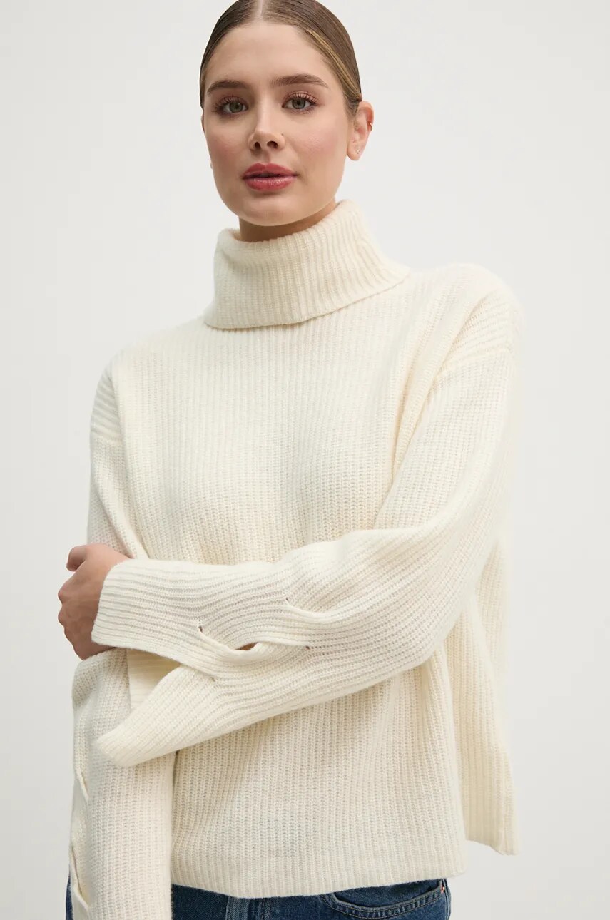 United Colors of Benetton pulover de lana femei, culoarea bej, cu guler, 1244D203D