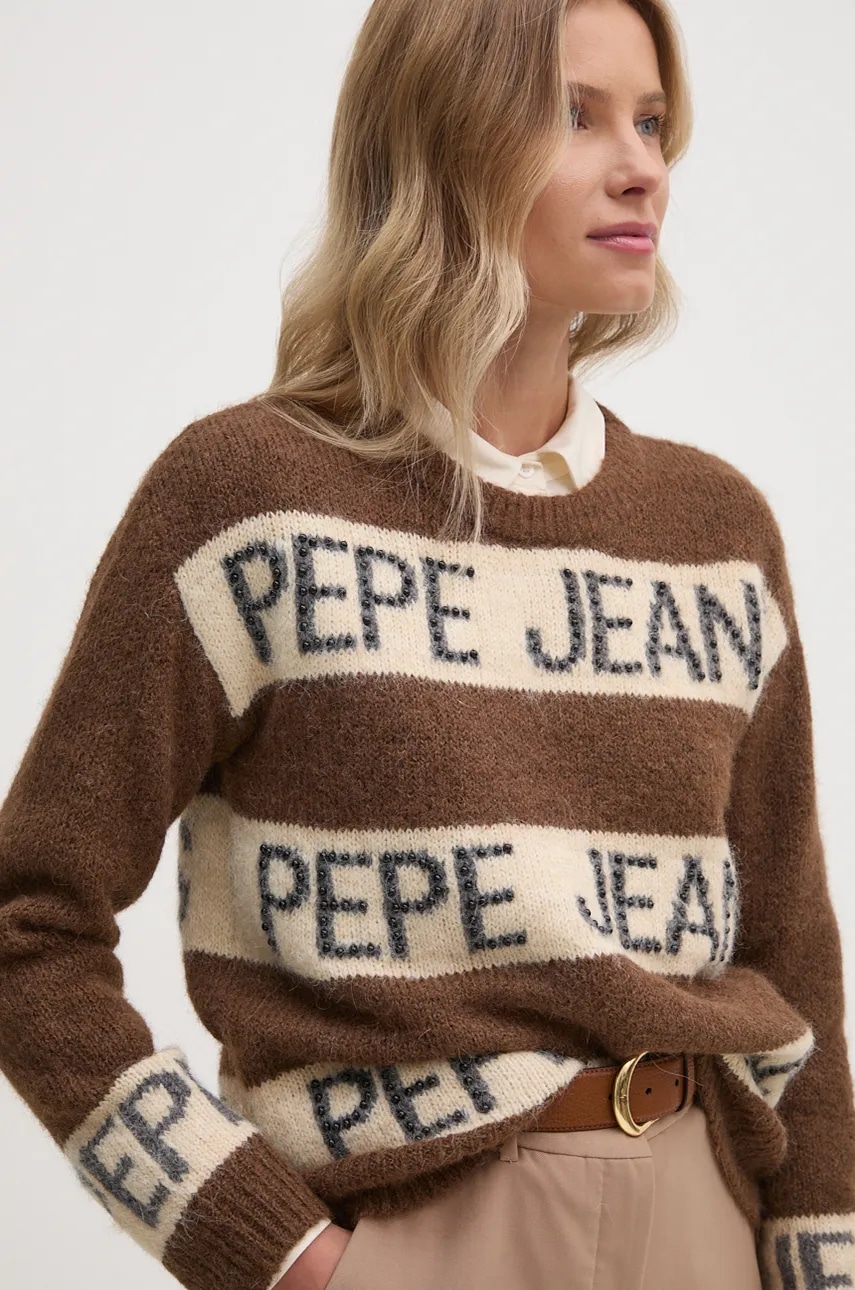 Pepe Jeans pulover din amestec de lana HELMI femei, culoarea maro, PL702226