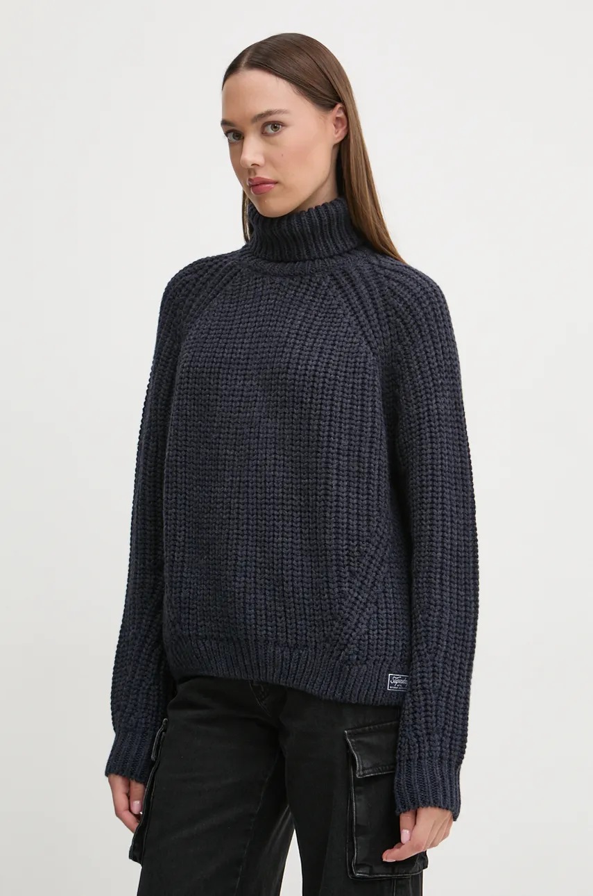 

Пуловер с вълна Superdry дамски в тъмносиньо от топла материя с поло W6110397A-97T, Тъмносин