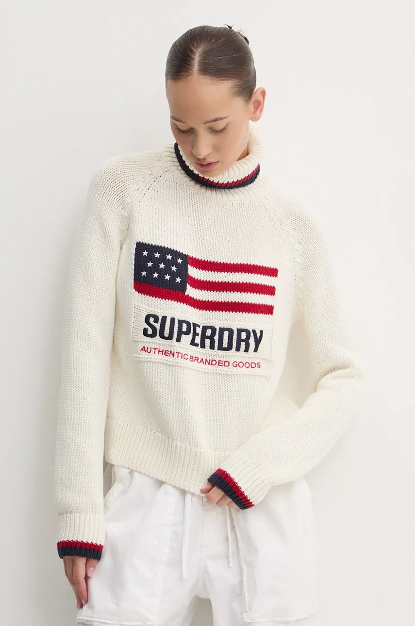 Superdry pulover femei, culoarea bej, călduros, cu guler, W6110538A-39E