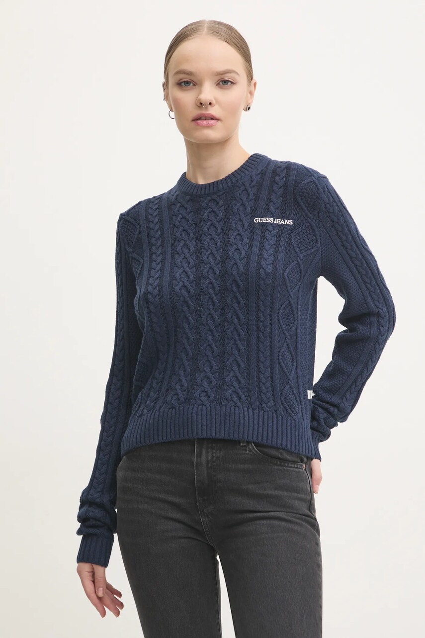 Levně Svetr z vlněné směsi Guess Jeans dámský, tmavomodrá barva, W4BR13 Z3HN2