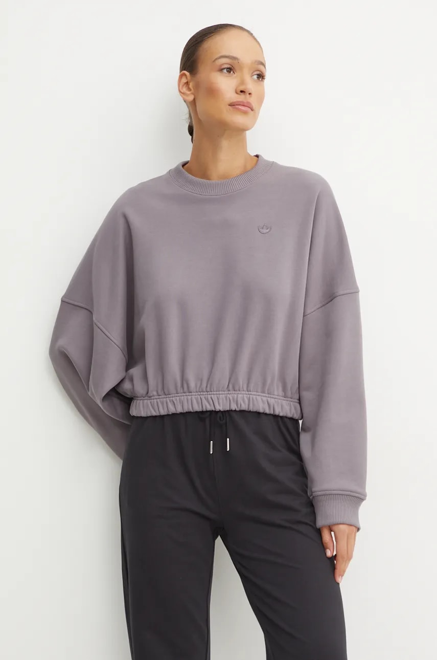 adidas Originals hanorac de bumbac Premium Essentials Sweater femei, culoarea violet, neted, IY9709 adidas Originals hanorac de bumbac Premium Essentials Sweater femei, culoarea violet, neted, IY9709
