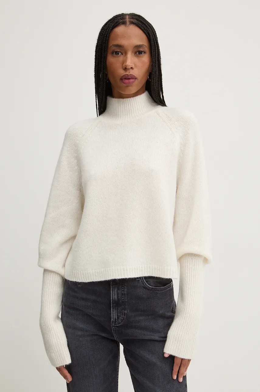 HUGO pulover de lana femei, culoarea bej, cu turtleneck, 50522579