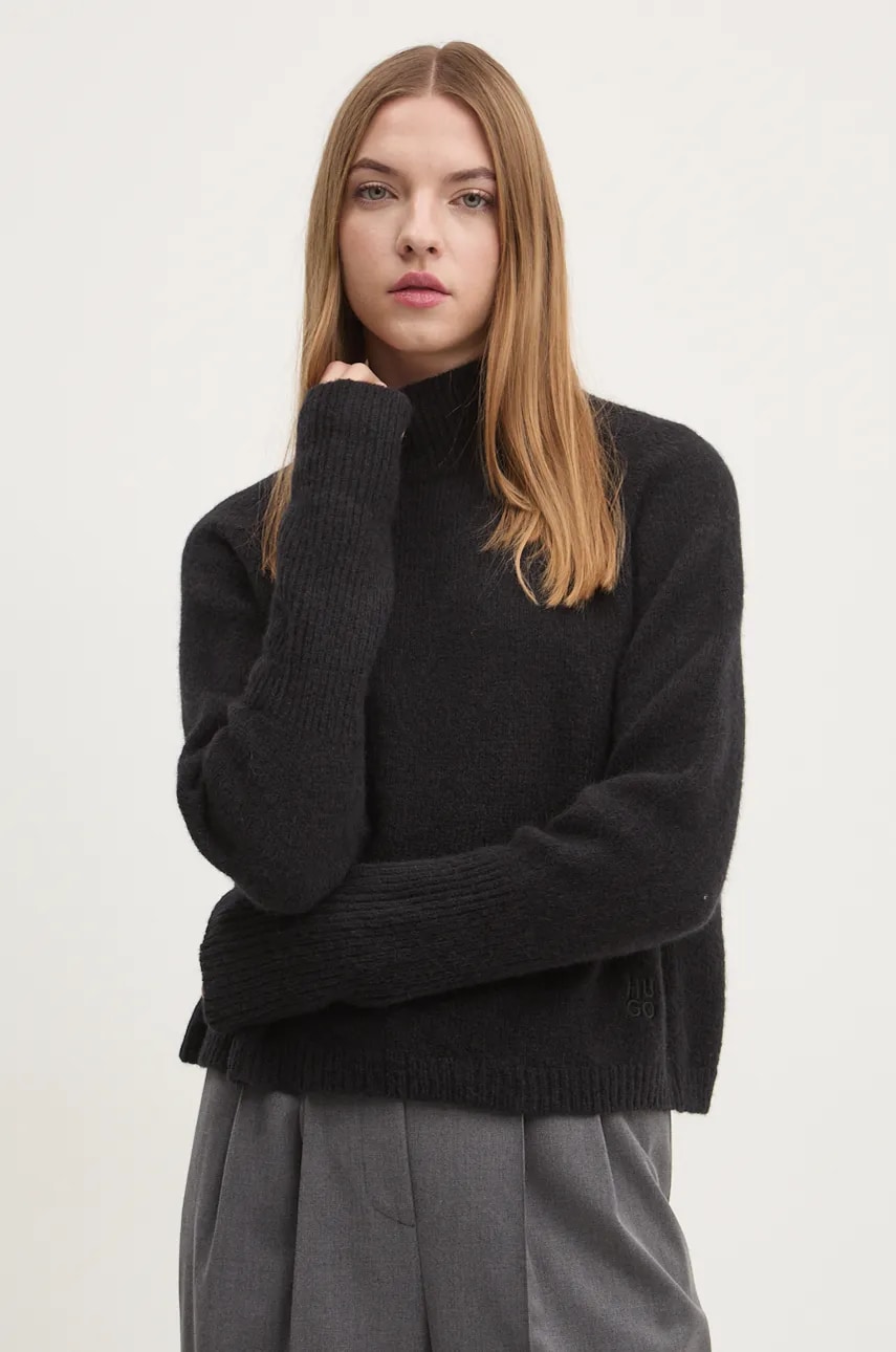 HUGO pulover de lana femei, culoarea negru, cu turtleneck, 50522579