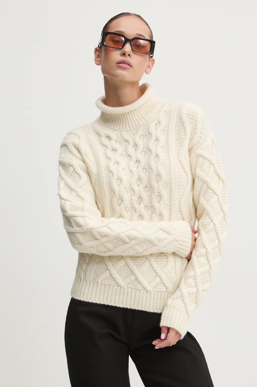 HUGO pulover de lana femei, culoarea bej, călduros, cu guler, 50527692