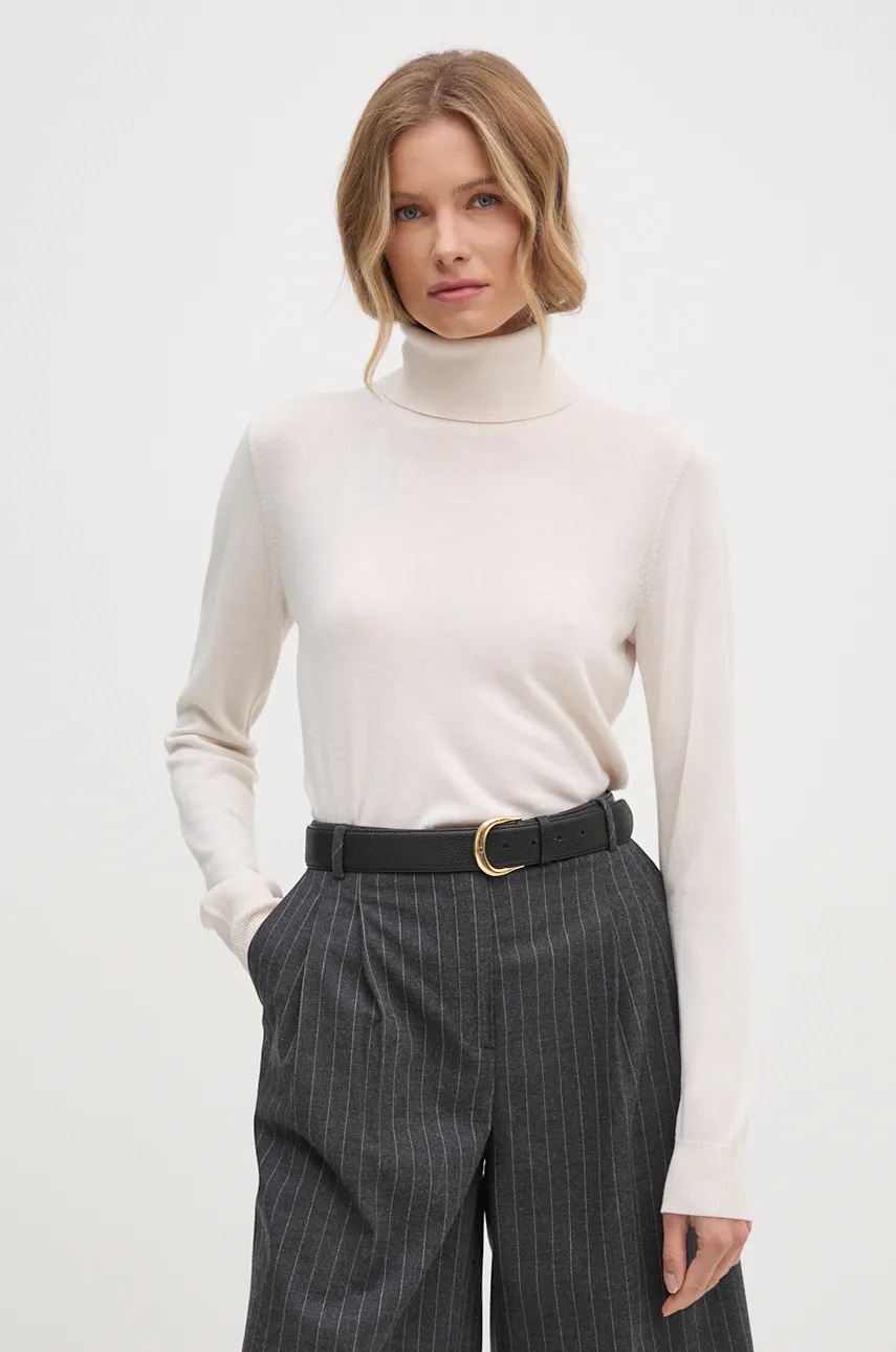 Sisley pulover de lana femei, culoarea bej, light, cu guler, 11BAM201C